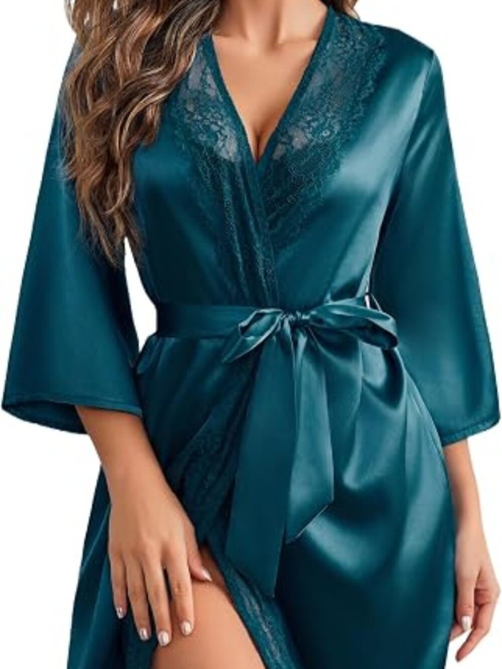 Women's Kimono Robe Short Satin Pure Short Silky Robes V-Neck Sleepwear Dark Blu